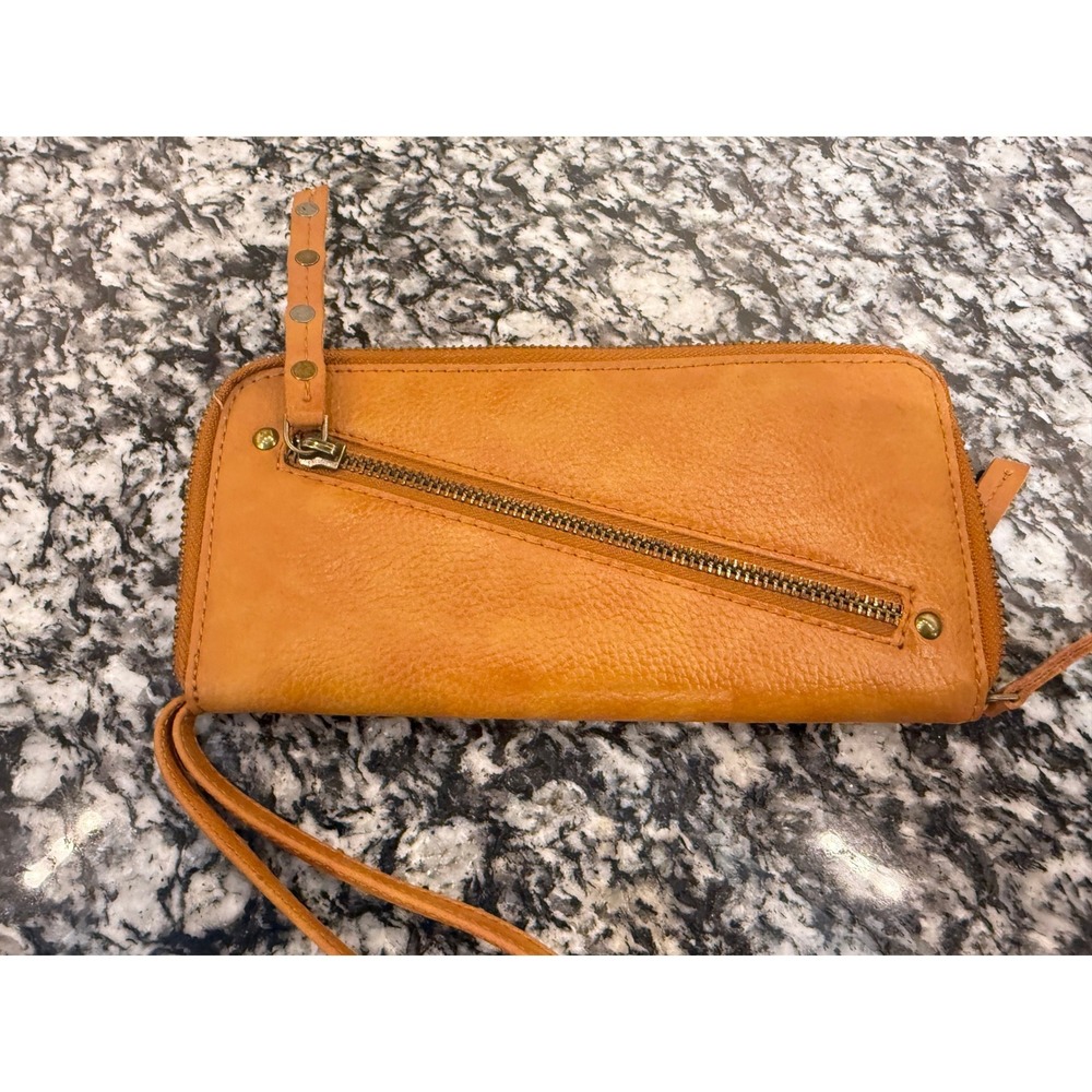 Free People Vegan Leather Zip Around Wristlet Wallet Mustard Tan Pebbled Boho